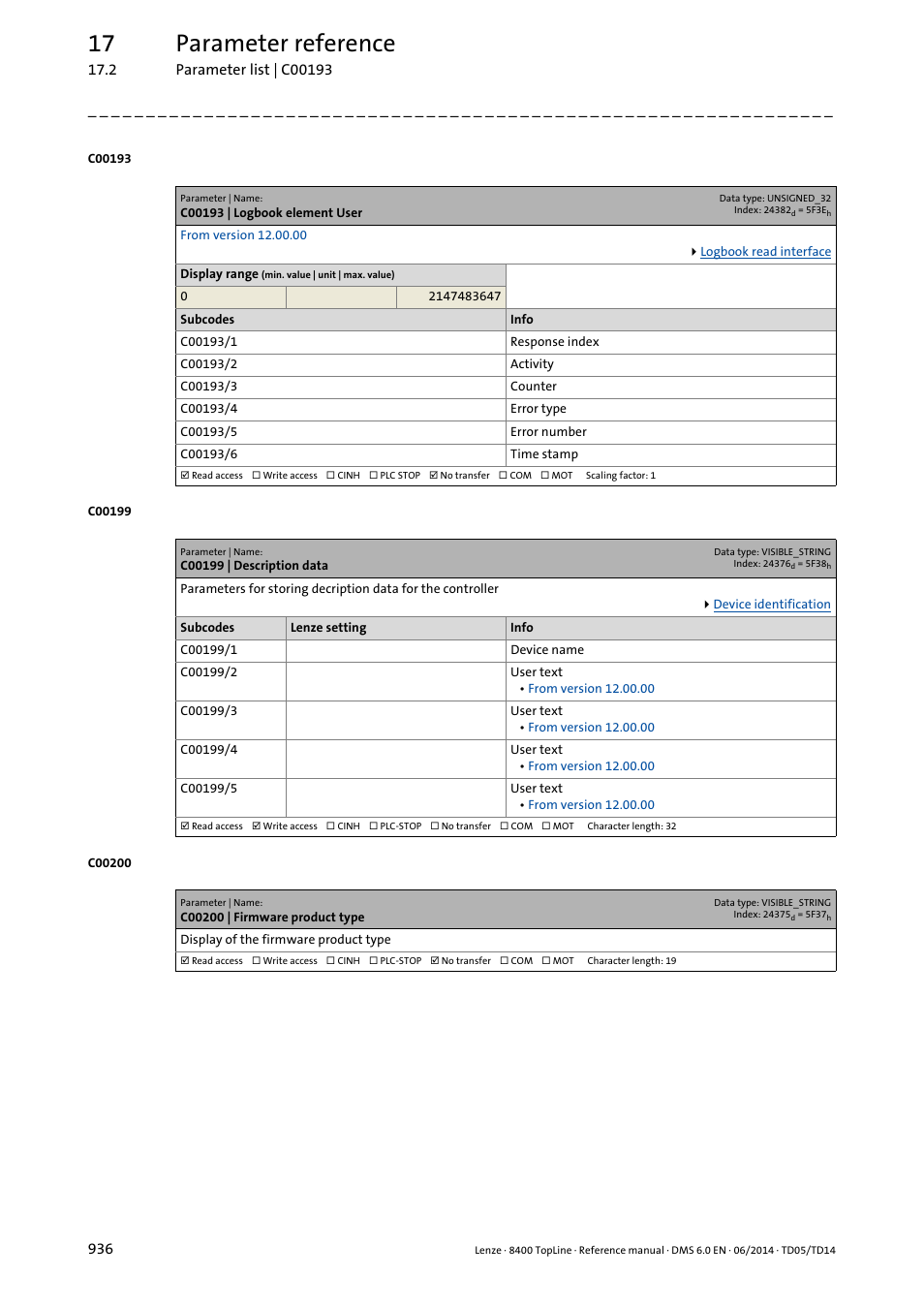 C00193 | logbook element user, C00199 | description data, C00200 | firmware product type | C00200, C00199/1, And th, C00199/2, Four, C00193, C00193/1 | Lenze 8400 TopLine User Manual | Page 936 / 1760