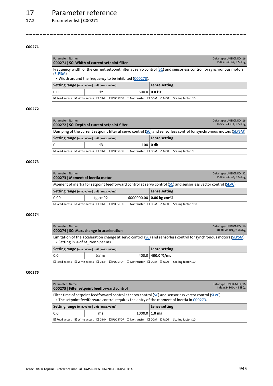 C00271 | sc: width of current setpoint filter, C00272 | sc: depth of current setpoint filter, C00273 | moment of inertia motor | C00274 | sc: max. change in acceleration, C00275 | filter setpoint feedforward control, C00273, C00274, C00275, Under, And repe | Lenze 8400 TopLine User Manual | Page 945 / 1760