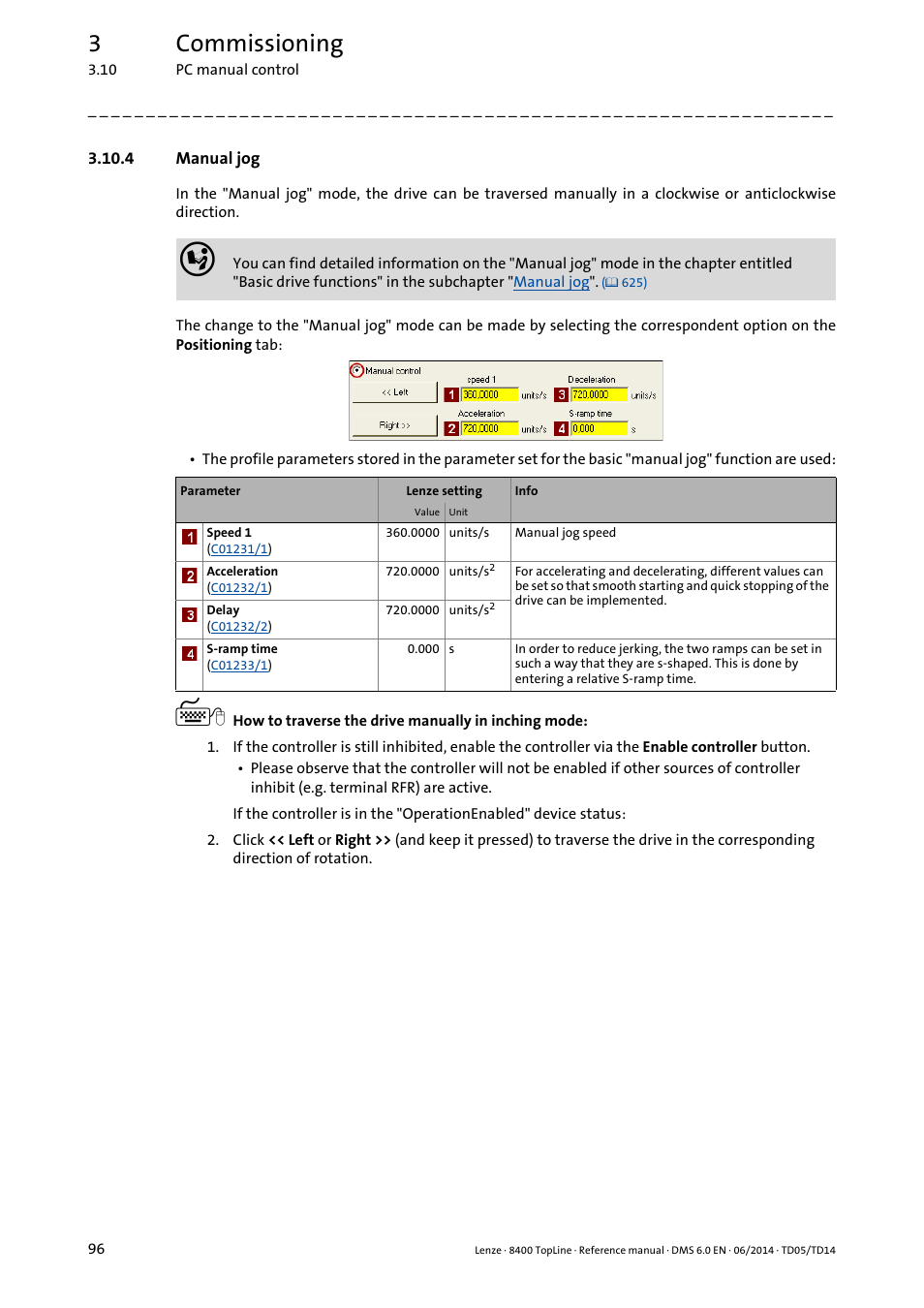 4 manual jog, Manual jog, 3commissioning | Lenze 8400 TopLine User Manual | Page 96 / 1760