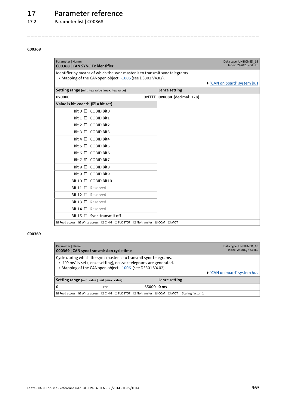 C00368 | can sync tx identifier, C00369 | can sync transmission cycle time, C00368 | C00369, 17 parameter reference | Lenze 8400 TopLine User Manual | Page 963 / 1760