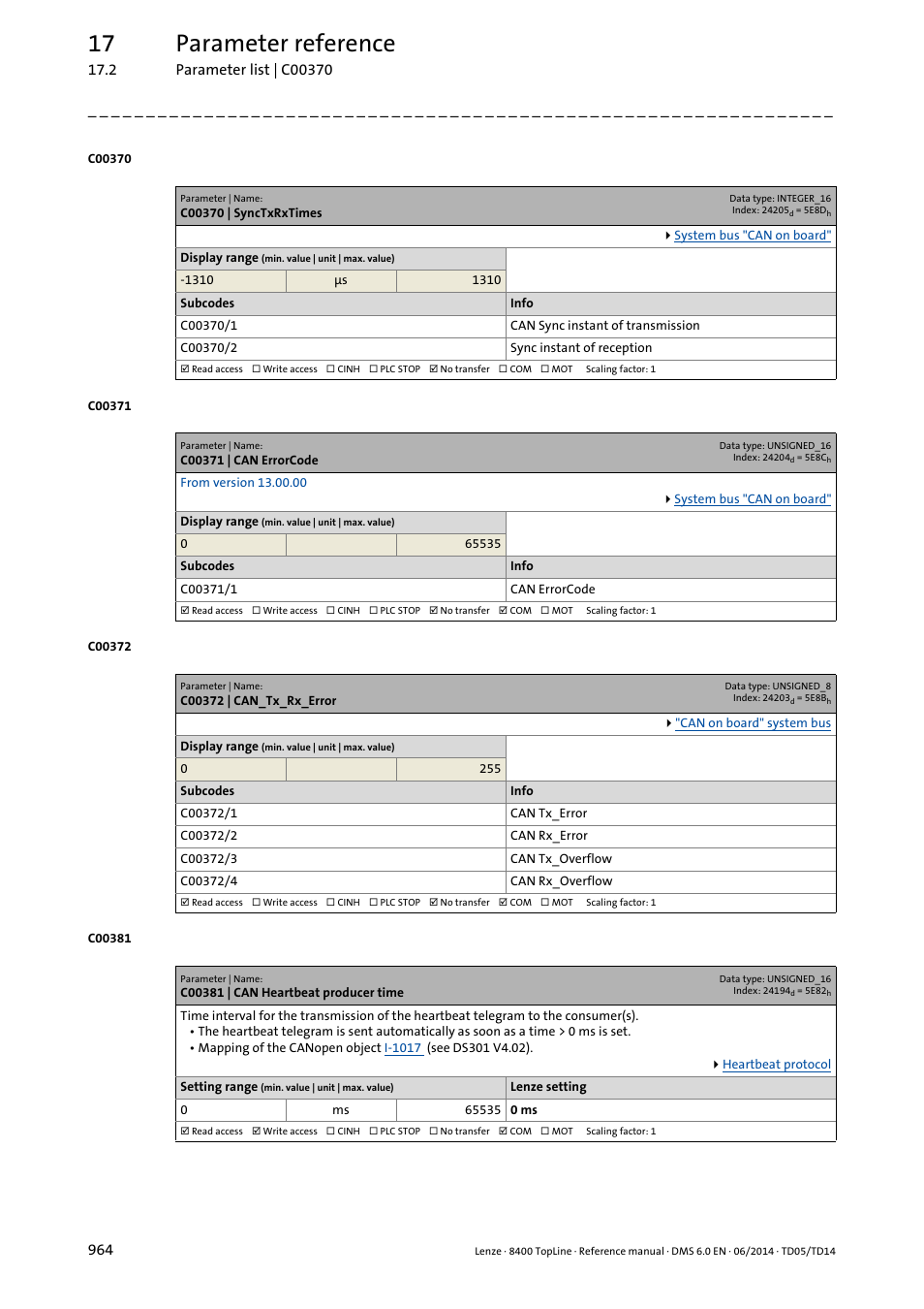 C00370 | synctxrxtimes, C00371 | can errorcode, C00372 | can_tx_rx_error | C00381 | can heartbeat producer time, C00381, To 10, C00370/1, C00370/2, 17 parameter reference | Lenze 8400 TopLine User Manual | Page 964 / 1760