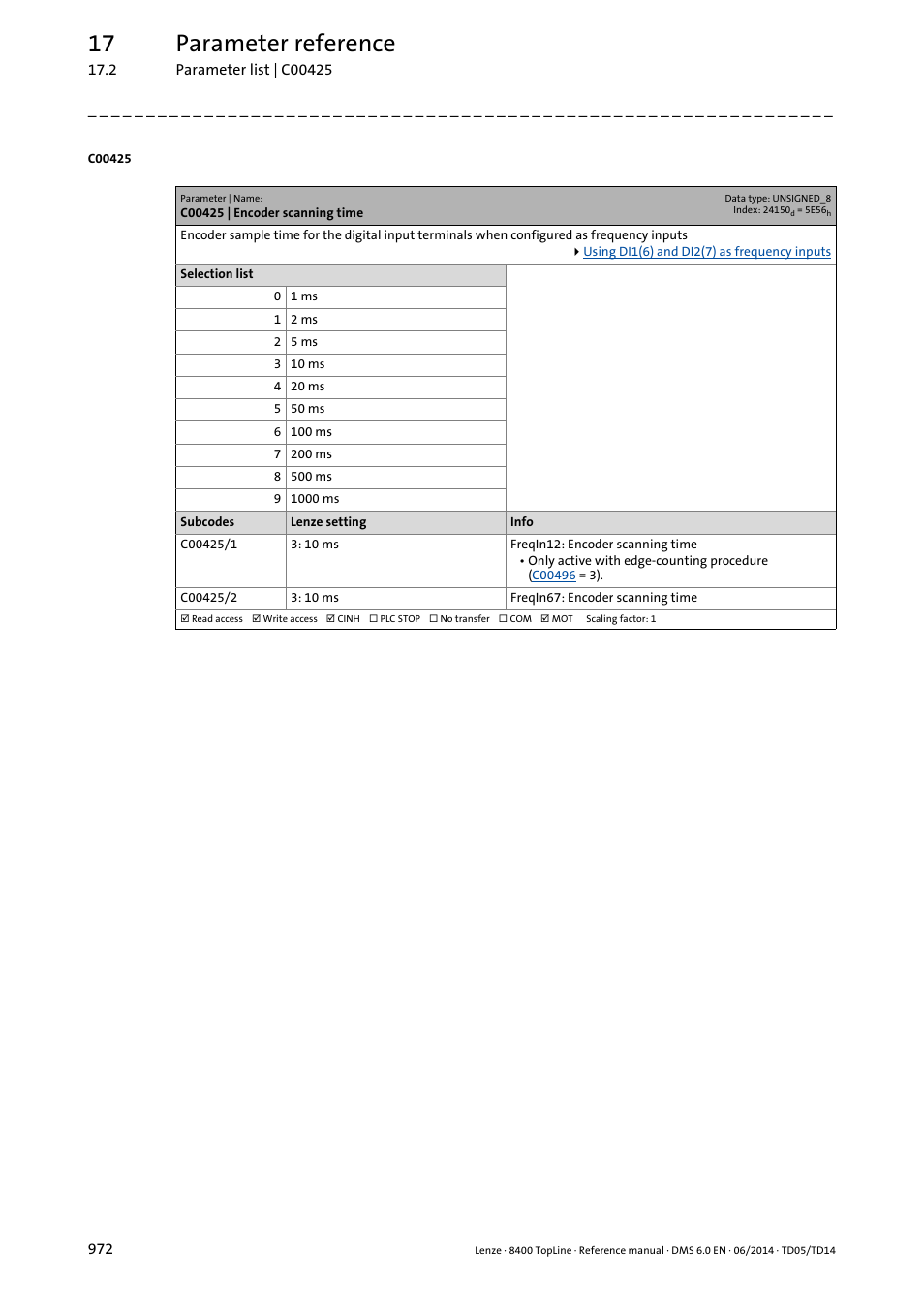 C00425 | encoder scanning time, C00425/1, C00425/2 | C00425, 17 parameter reference | Lenze 8400 TopLine User Manual | Page 972 / 1760