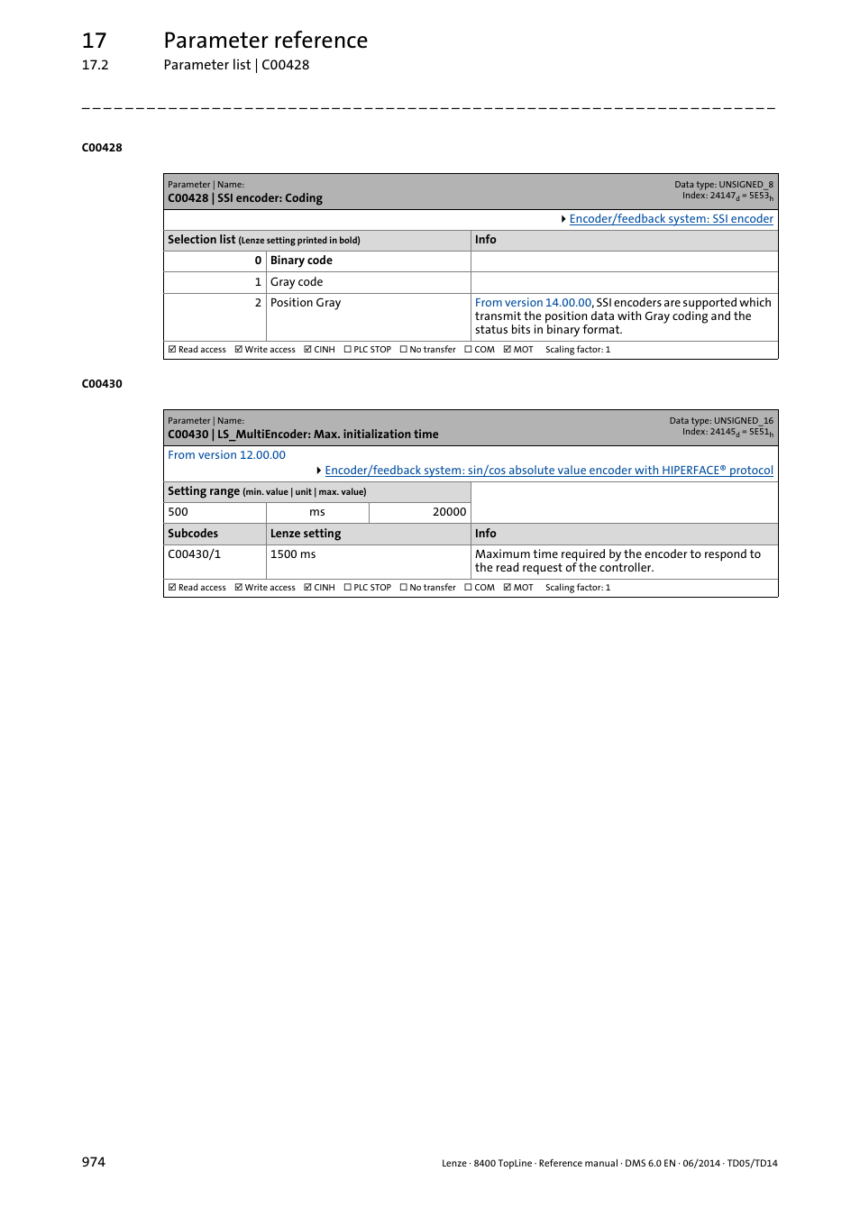 C00428 | ssi encoder: coding, C00430 | ls_multiencoder: max. initialization time, C00430/1 | C00428, 17 parameter reference | Lenze 8400 TopLine User Manual | Page 974 / 1760