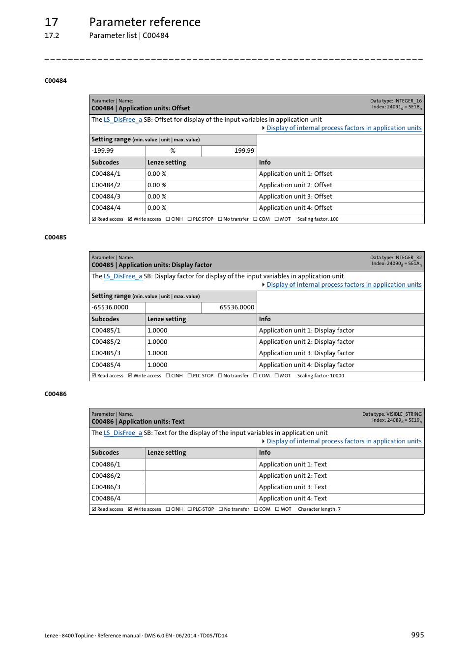 C00484 | application units: offset, C00485 | application units: display factor, C00486 | application units: text | 17 parameter reference | Lenze 8400 TopLine User Manual | Page 995 / 1760