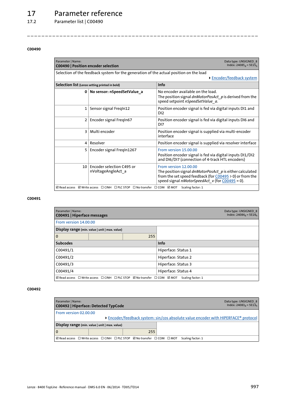 C00490 | position encoder selection, C00491 | hiperface messages, C00492 | hiperface: detected typcode | C00490, Select "encoder, Setact_v" in, Is used, Encoder, C00492, De in | Lenze 8400 TopLine User Manual | Page 997 / 1760