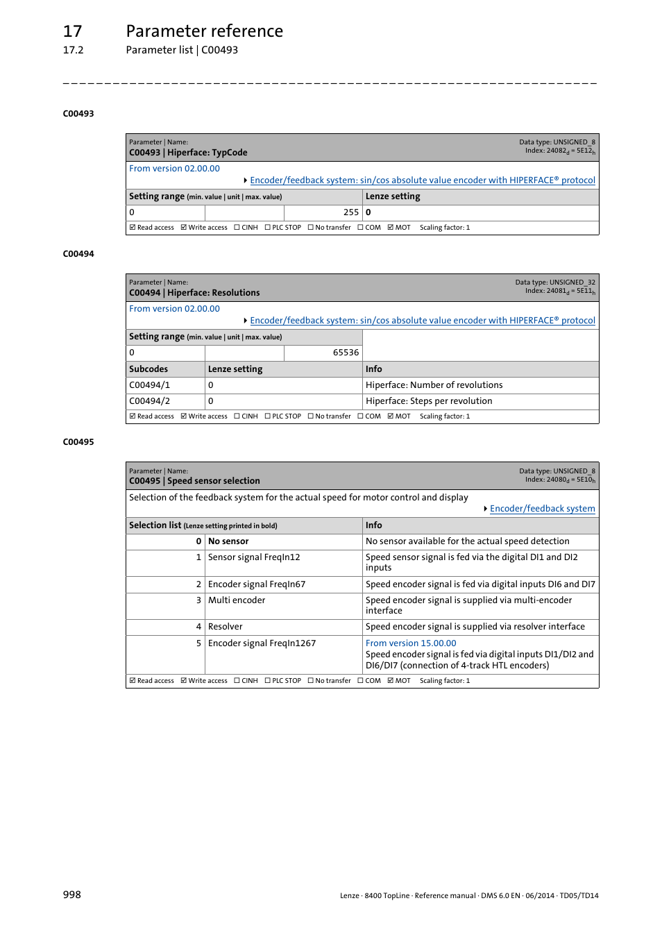 C00493 | hiperface: typcode, C00494 | hiperface: resolutions, C00495 | speed sensor selection | C00495, This setting is, This se, Or/and, C00494/1, C00494/2, In12" in | Lenze 8400 TopLine User Manual | Page 998 / 1760