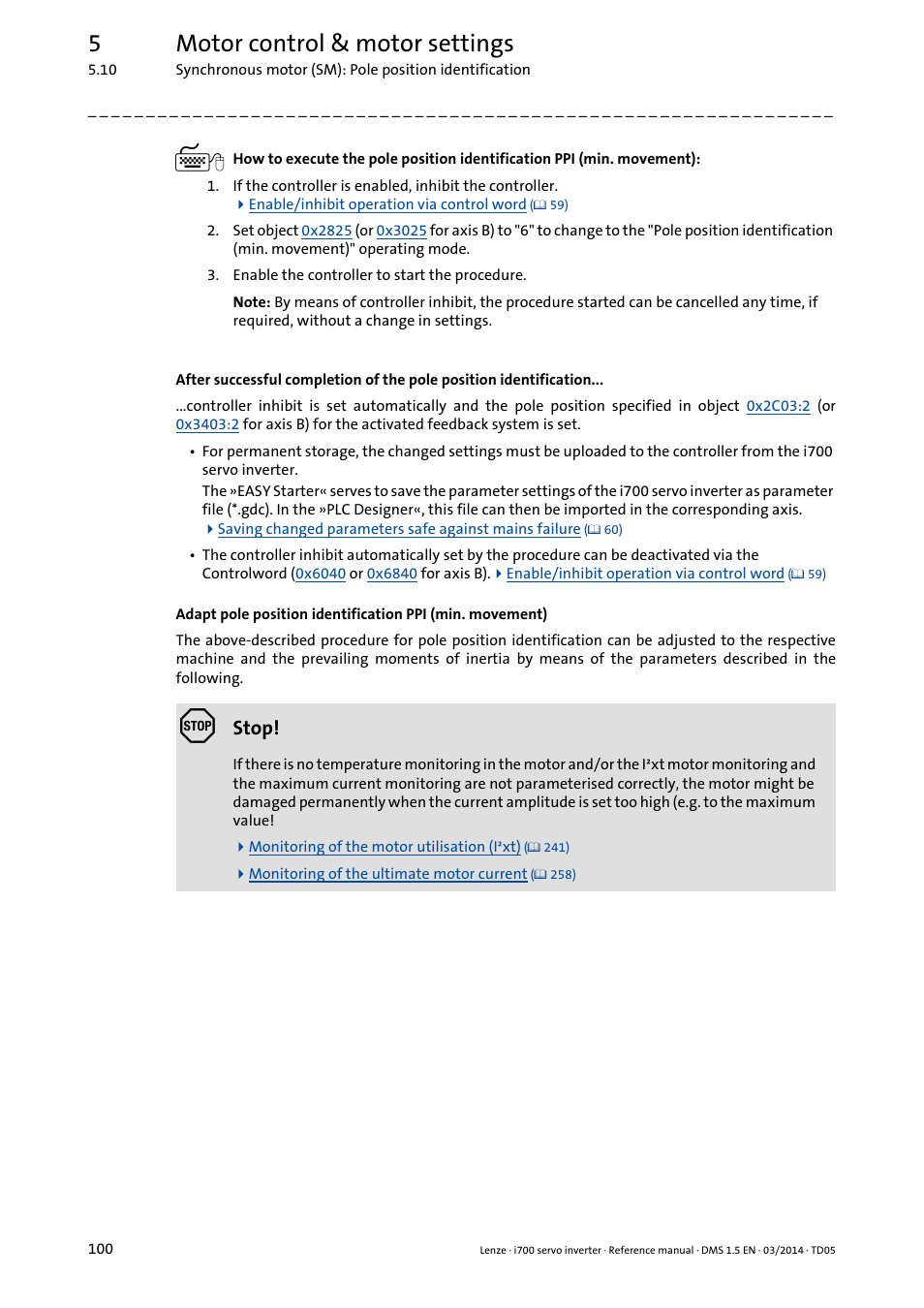 5motor control & motor settings, Stop | Lenze i700 User Manual | Page 100 / 338