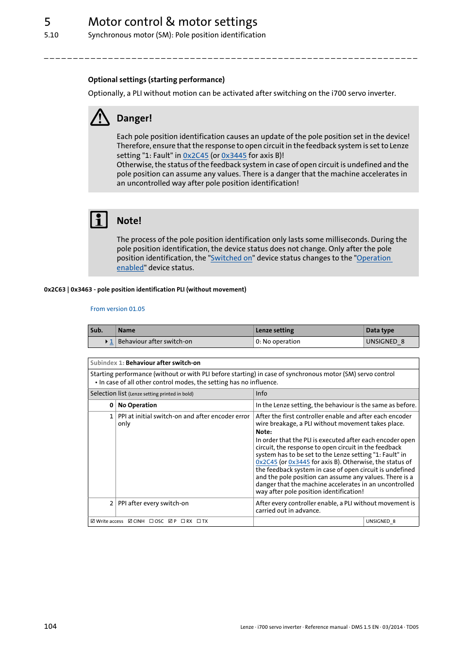 0x2c63, 0x3463, 5motor control & motor settings | Danger | Lenze i700 User Manual | Page 104 / 338