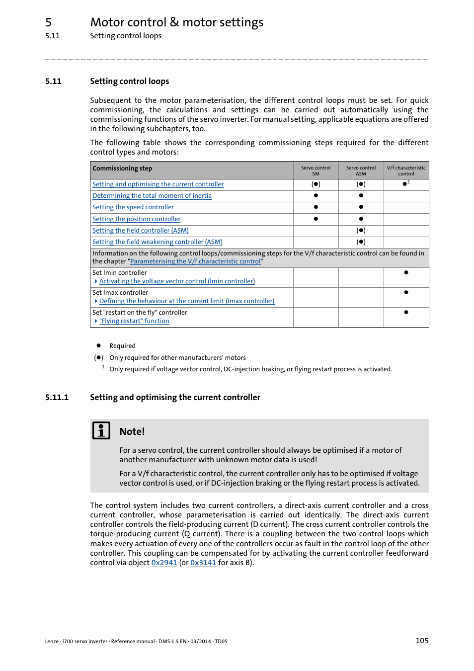 11 setting control loops, 1 setting and optimising the current controller, Setting and optimising the current controller | Calculate current controller parameters, 5motor control & motor settings | Lenze i700 User Manual | Page 105 / 338