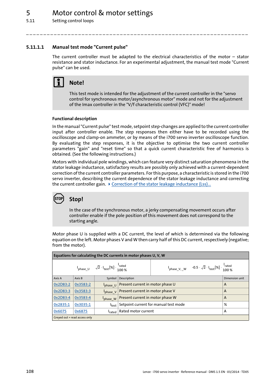 1 manual test mode "current pulse, Manual test mode "current pulse, Test mode "current pulse | Manual test mode "current, Pulse, 5motor control & motor settings, Stop | Lenze i700 User Manual | Page 108 / 338