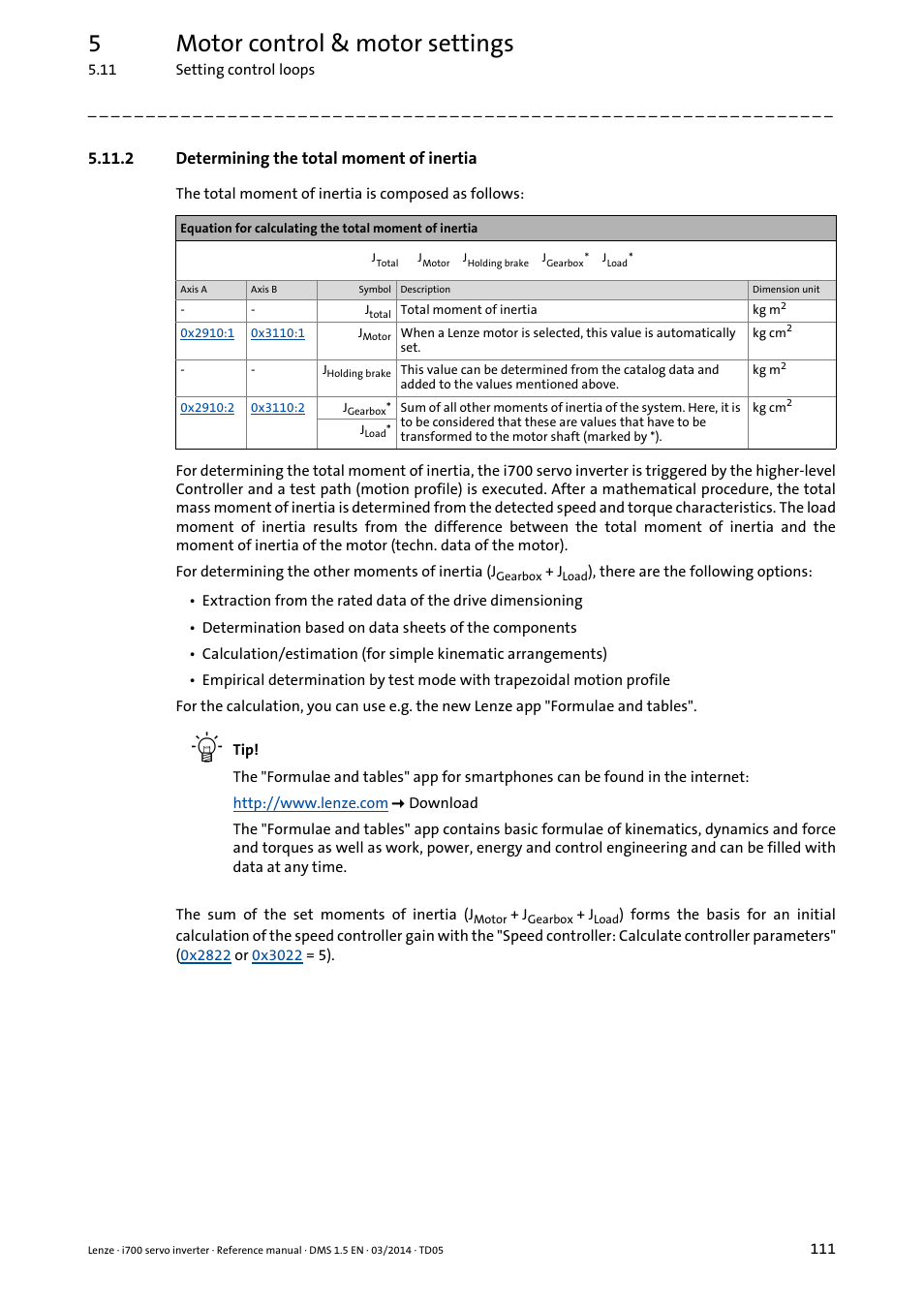 2 determining the total moment of inertia, Determining the total moment of inertia, 5motor control & motor settings | Lenze i700 User Manual | Page 111 / 338