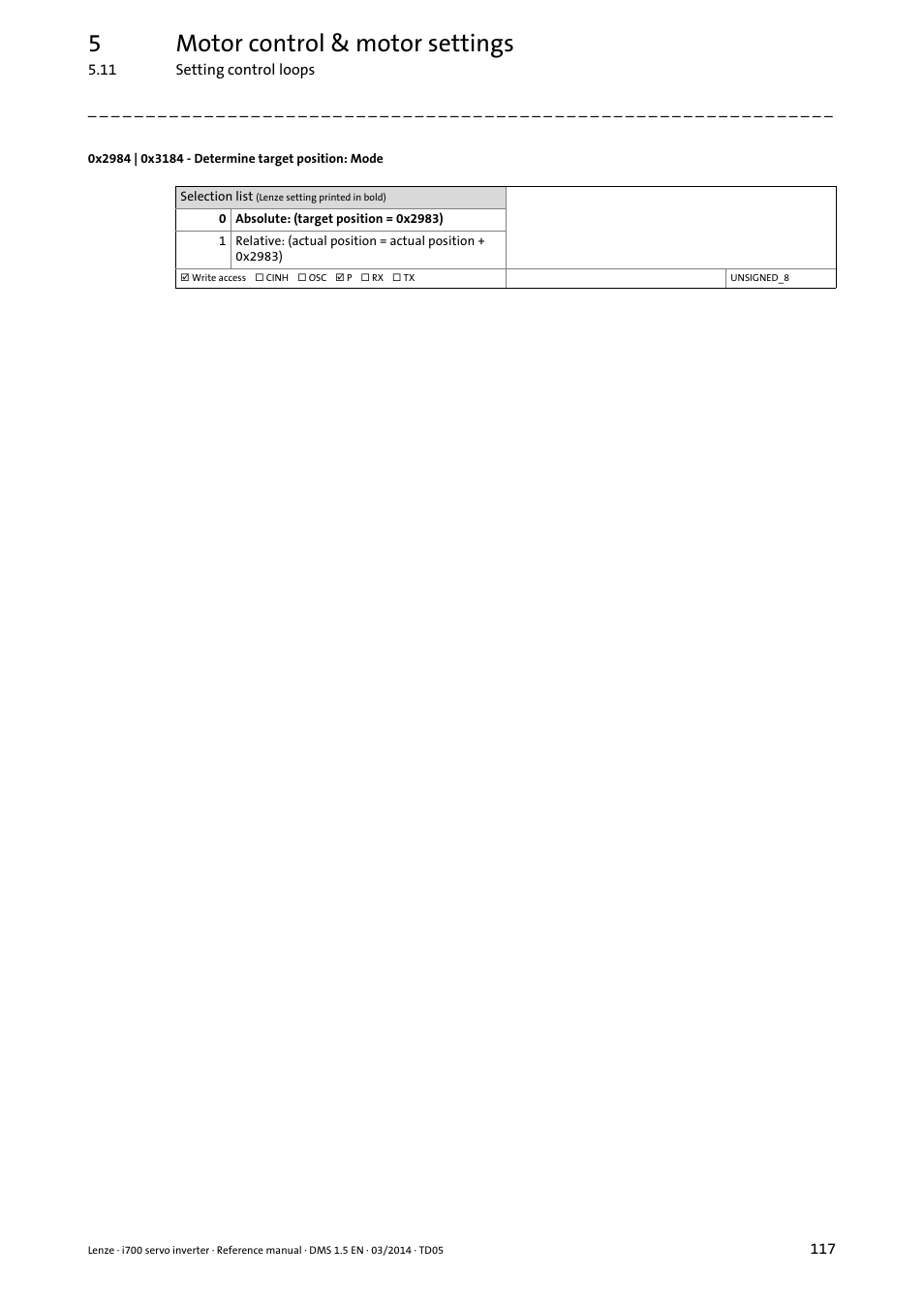 0x2984 | 0x3184 - determine target position: mode, 0x2984, 0), or shif | 0x3184, 5motor control & motor settings | Lenze i700 User Manual | Page 117 / 338