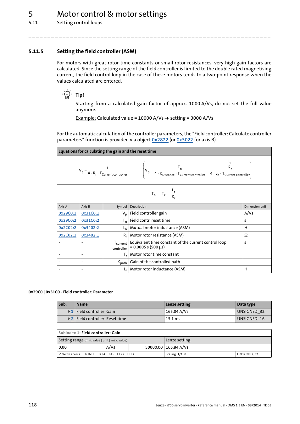 5 setting the field controller (asm), 0x29c0 | 0x31c0 - field controller: parameter, Setting the field controller (asm) | 0x29c0, 0x31c0, Calculate field controller parameters, 5motor control & motor settings | Lenze i700 User Manual | Page 118 / 338