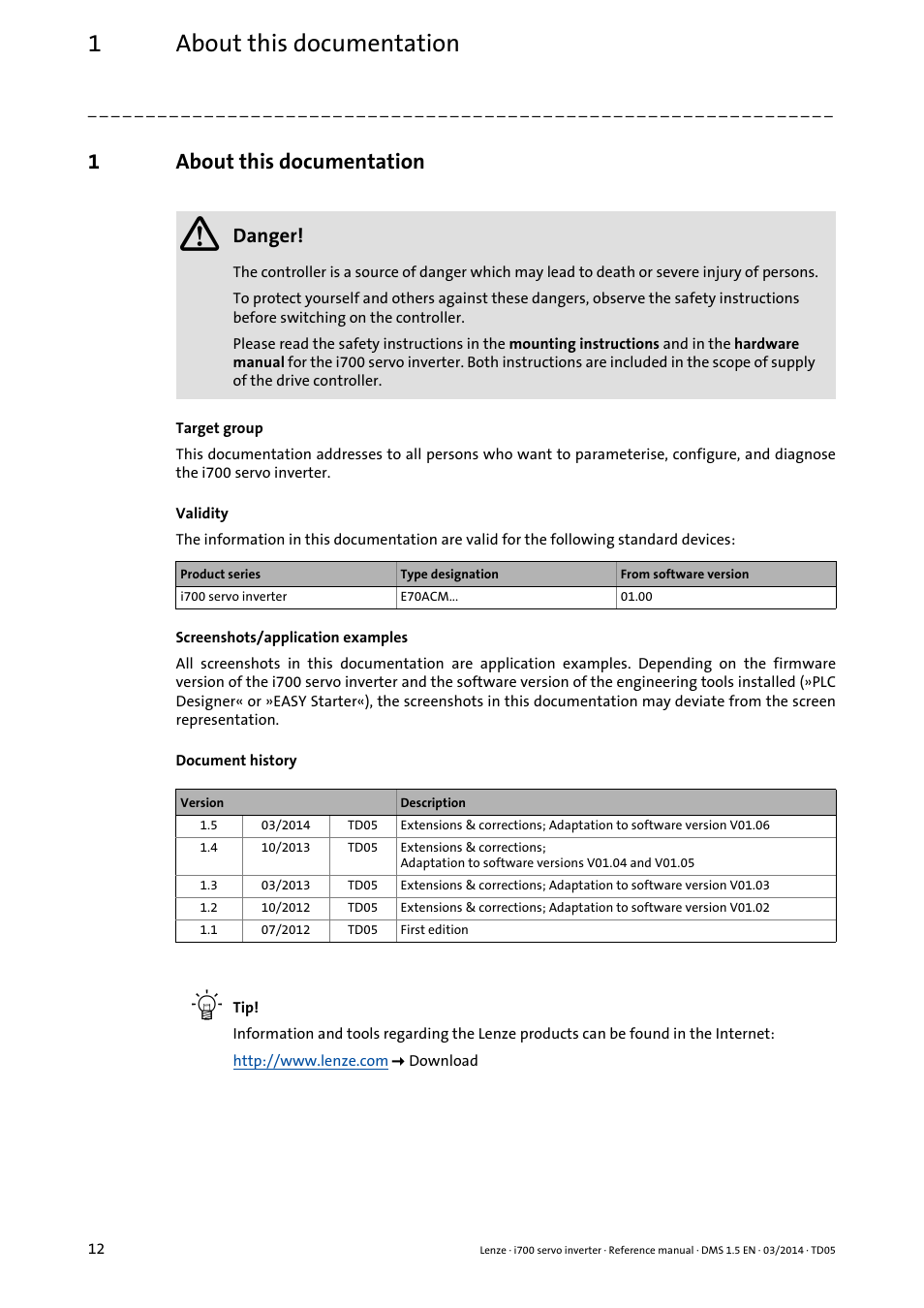 1 about this documentation, About this documentation, 1about this documentation | Danger | Lenze i700 User Manual | Page 12 / 338