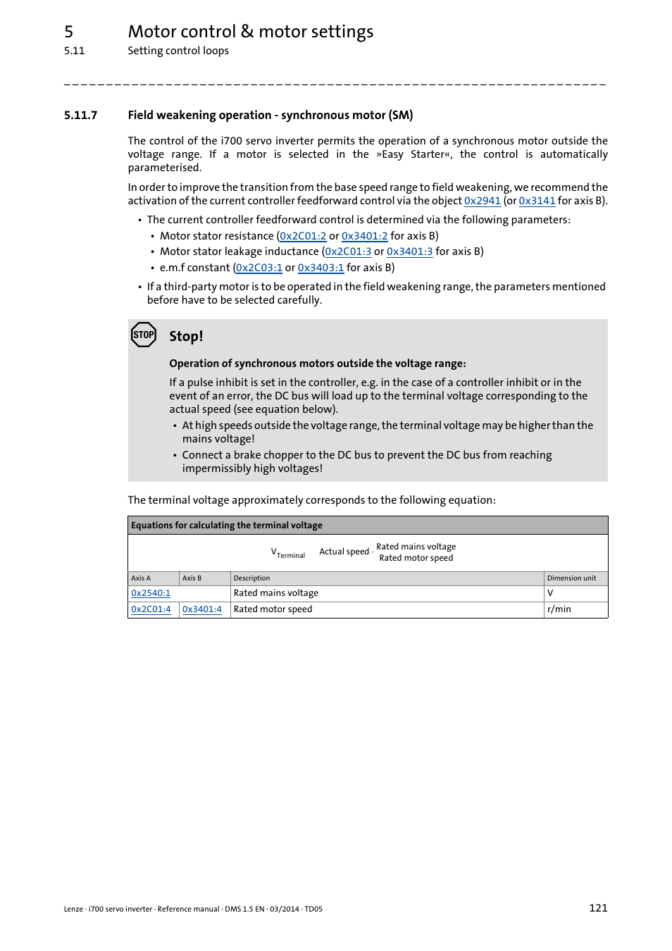Field weakening operation - synchronous motor (sm), 5motor control & motor settings, Stop | Lenze i700 User Manual | Page 121 / 338