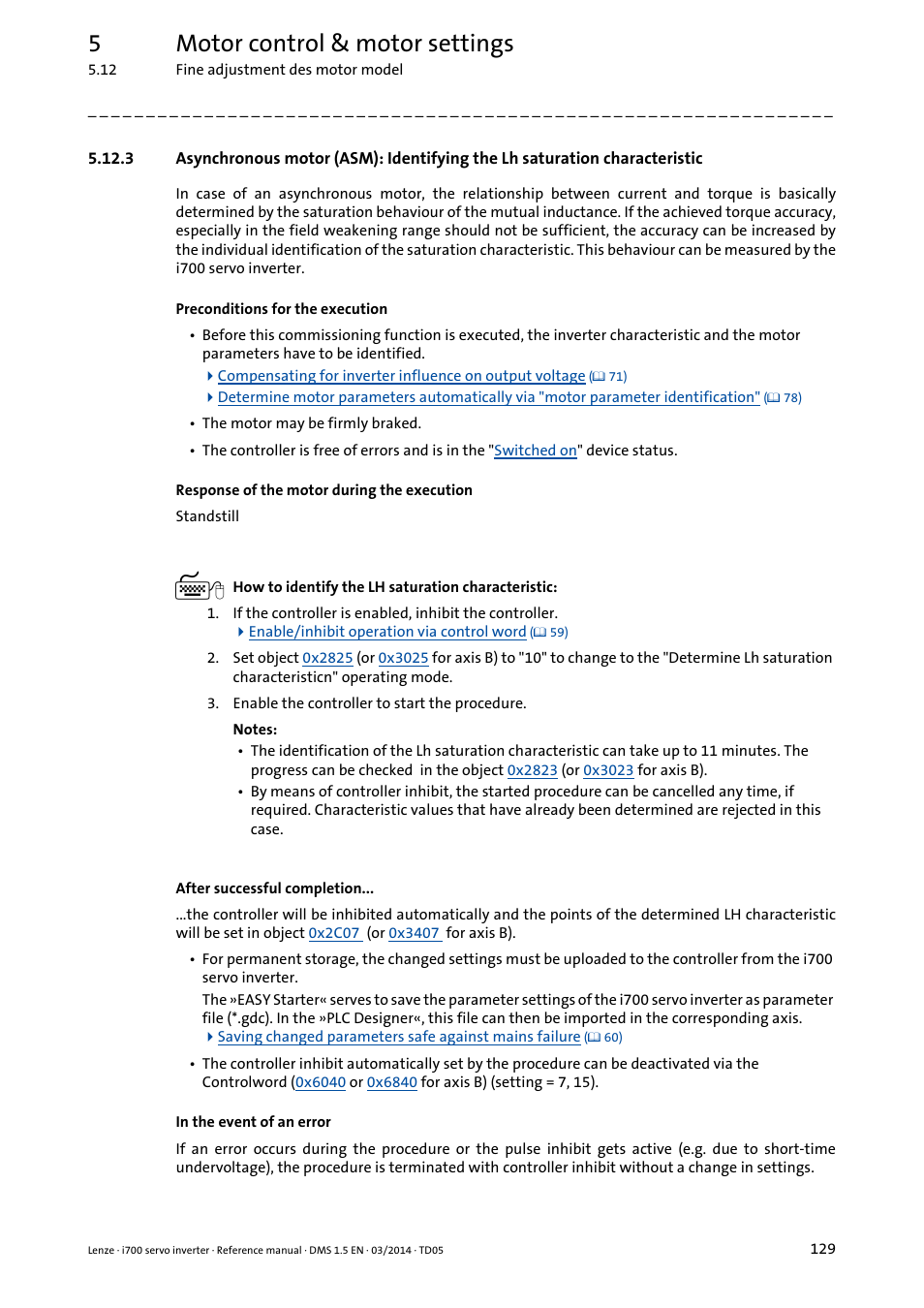 Asynchronous motor (asm): identifying the lh, Saturation characteristic, 5motor control & motor settings | Lenze i700 User Manual | Page 129 / 338