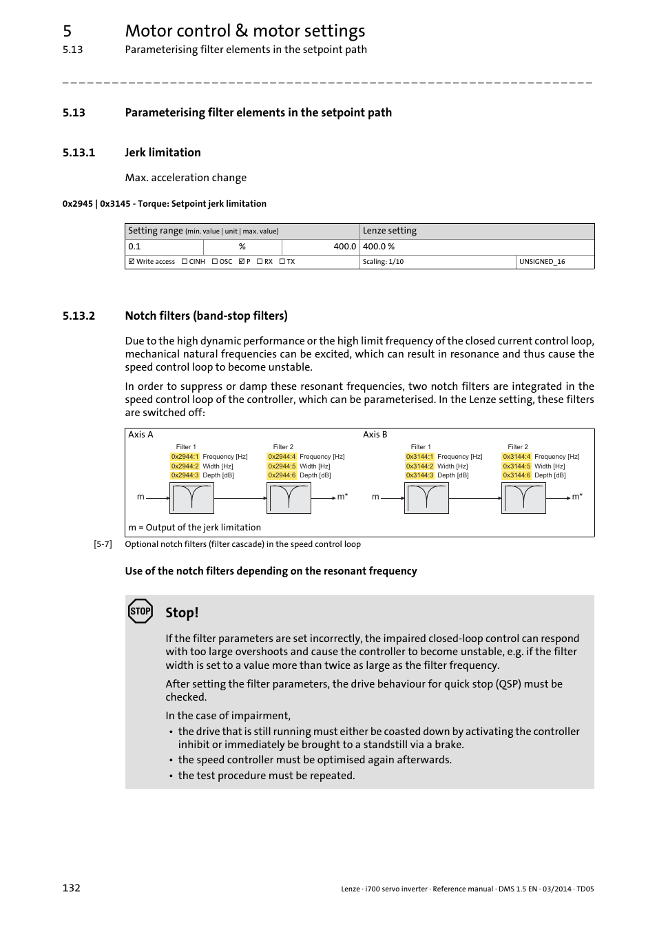 1 jerk limitation, 0x2945 | 0x3145 - torque: setpoint jerk limitation, 2 notch filters (band-stop filters) | Jerk limitation, Notch filters (band-stop filters), 0x2945, 0x3145, 5motor control & motor settings, Stop | Lenze i700 User Manual | Page 132 / 338