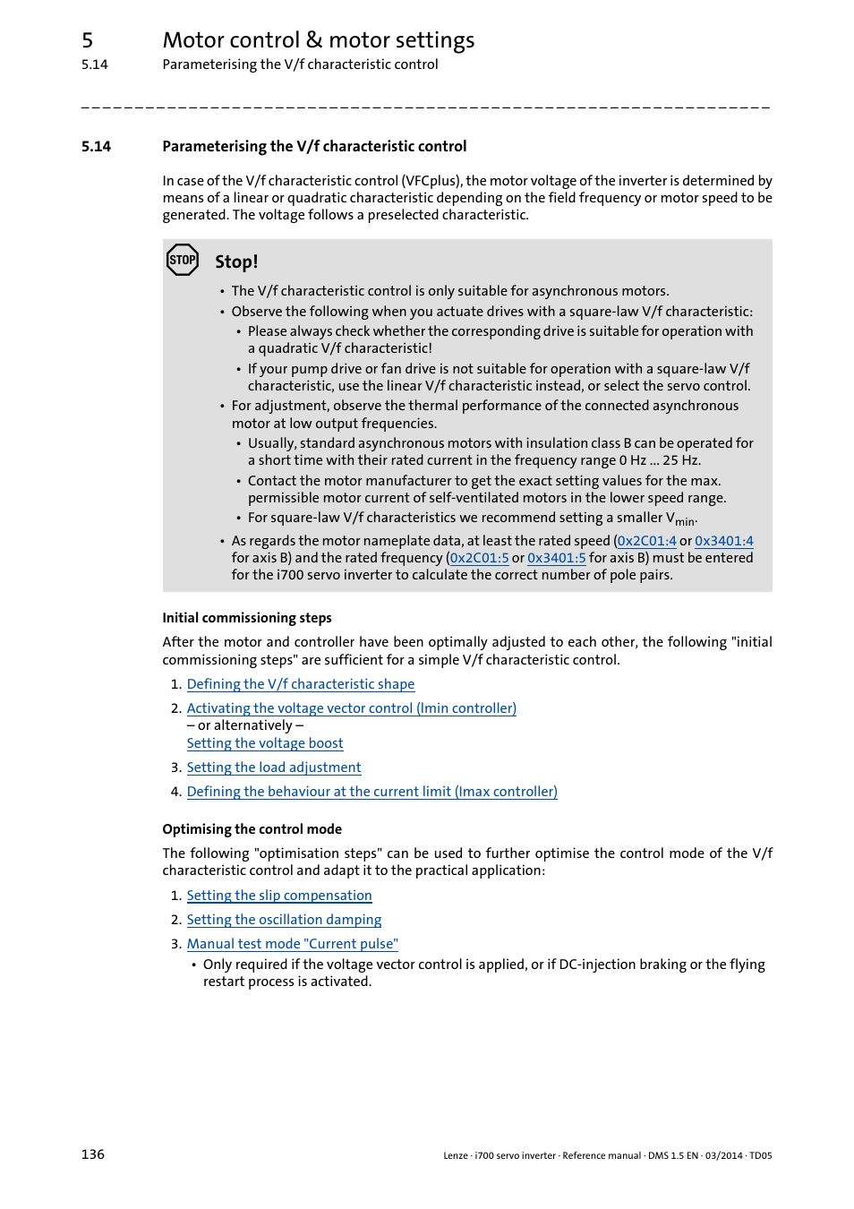 14 parameterising the v/f characteristic control, Parameterising the v/f characteristic control, 5motor control & motor settings | Stop | Lenze i700 User Manual | Page 136 / 338