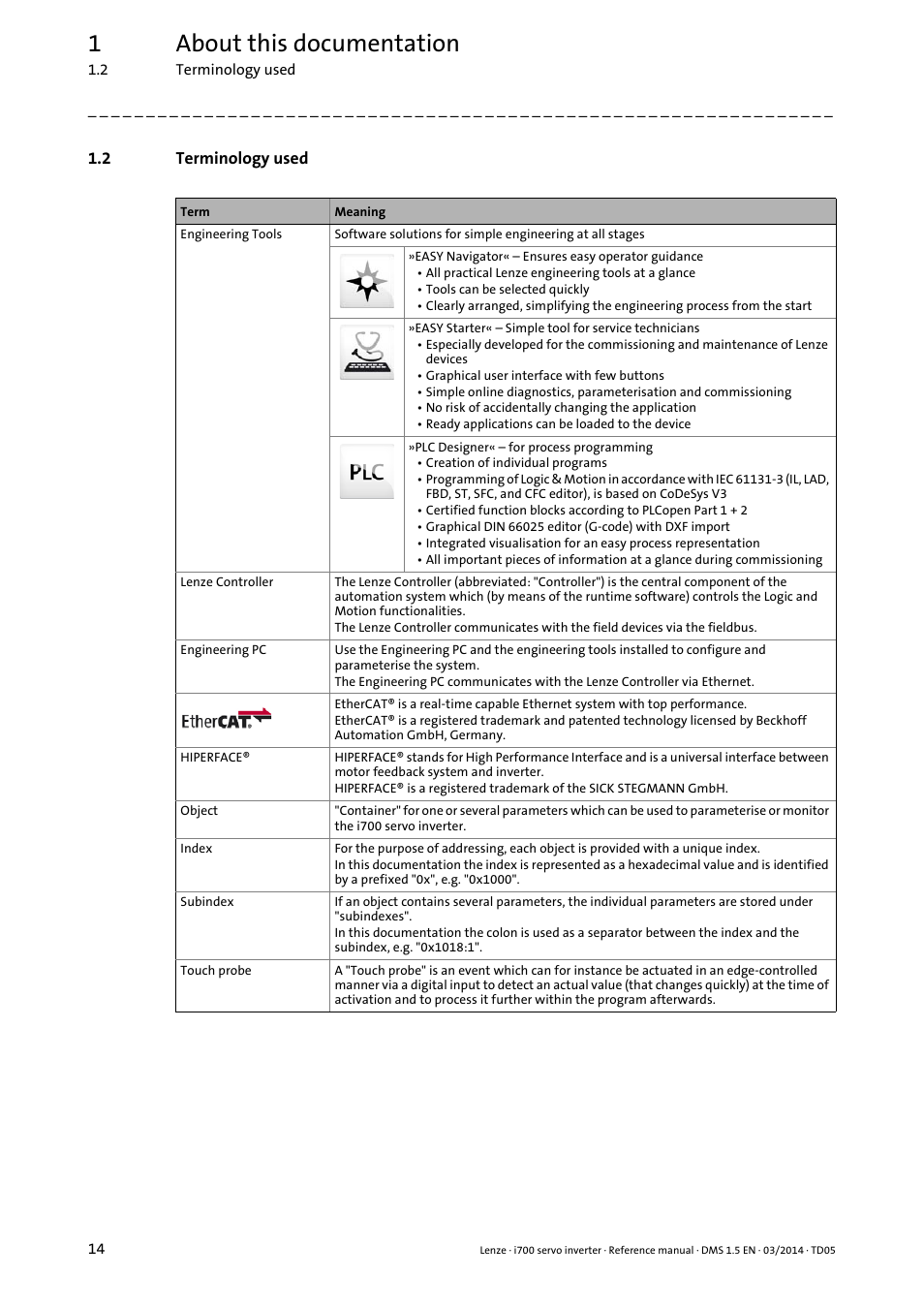 2 terminology used, Terminology used, 1about this documentation | Lenze i700 User Manual | Page 14 / 338
