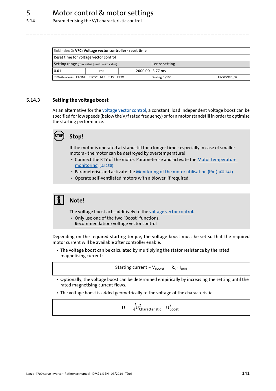 3 setting the voltage boost, Setting the voltage boost, Voltage boost | 5motor control & motor settings, Stop | Lenze i700 User Manual | Page 141 / 338