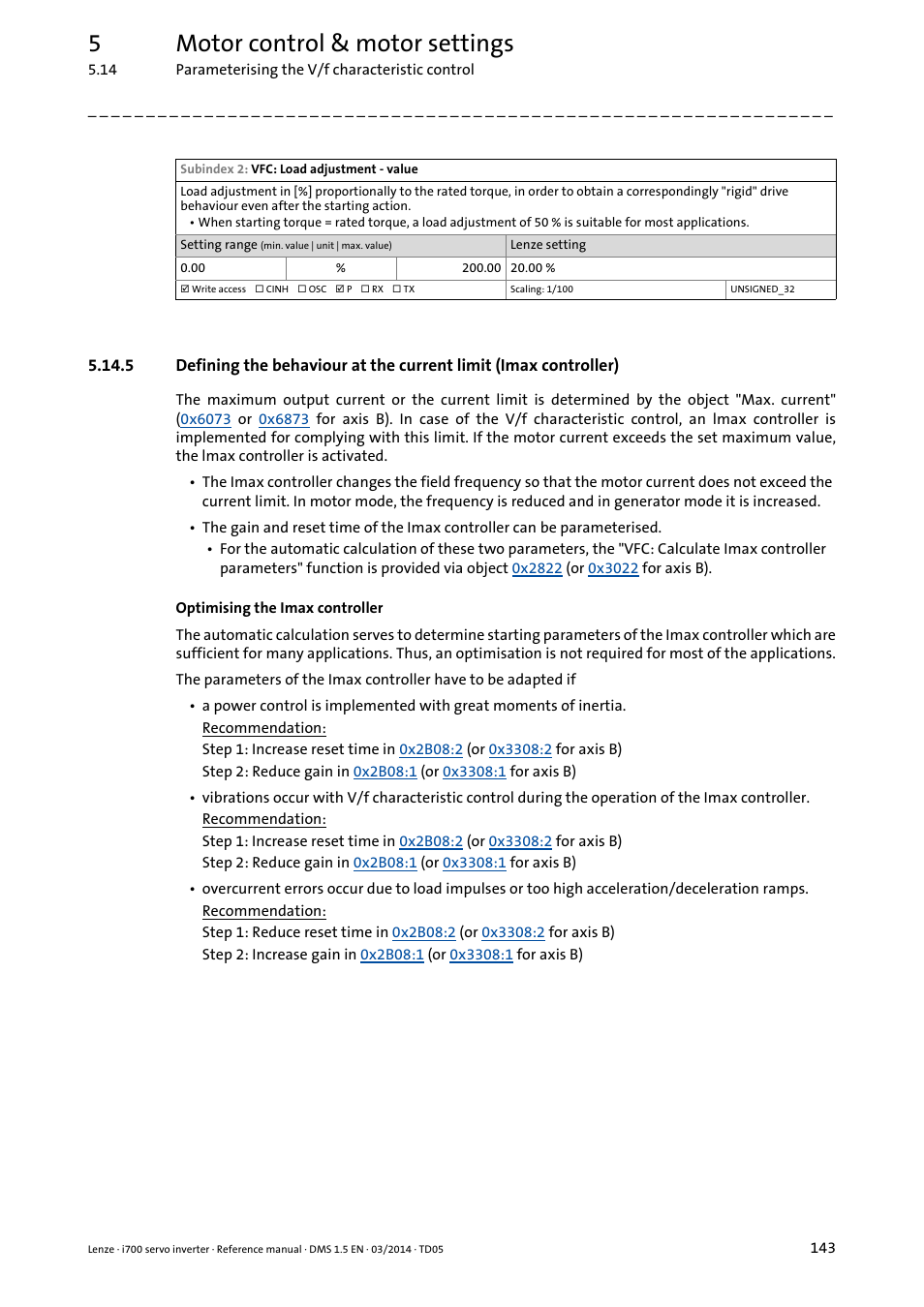 Defining the behaviour at the current, Limit (imax controller), 5motor control & motor settings | Lenze i700 User Manual | Page 143 / 338