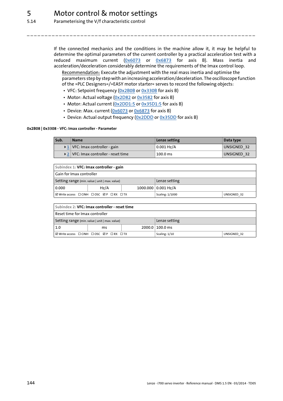 0x2b08 | 0x3308 - vfc: imax controller - parameter, 0x2b08, 0x3308 | 0x2b08:2, 0x3308:2, For ax, 0x2b08:1, 0x3308:1, 5motor control & motor settings | Lenze i700 User Manual | Page 144 / 338