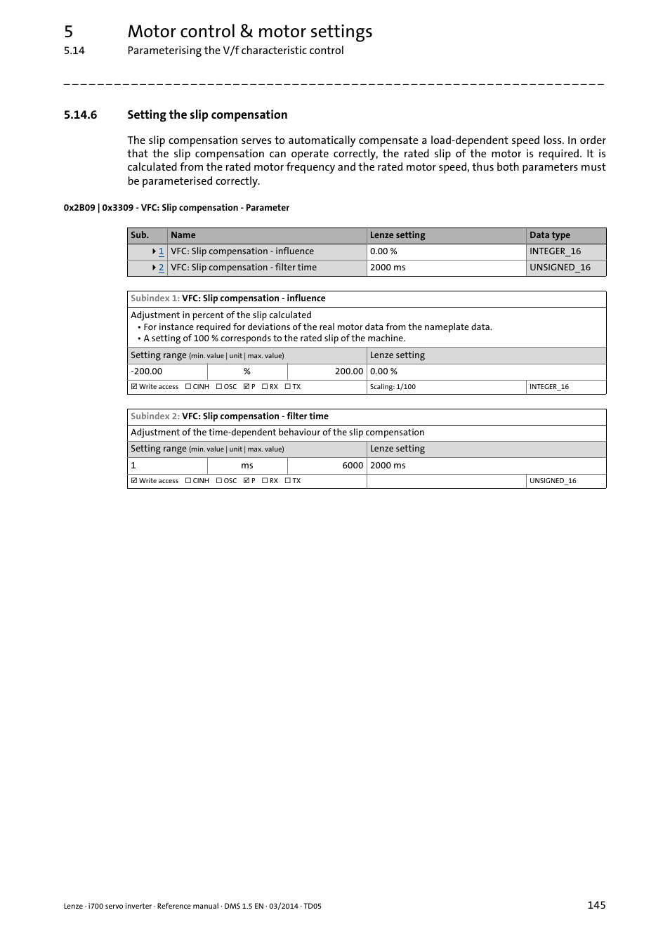 6 setting the slip compensation, Setting the slip compensation, 0x2b09 | 0x3309, 5motor control & motor settings | Lenze i700 User Manual | Page 145 / 338