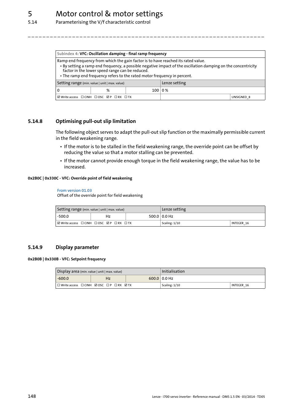 8 optimising pull-out slip limitation, 9 display parameter, 0x2b0b | 0x330b - vfc: setpoint frequency | Optimising pull-out slip limitation, Display parameter, 0x2b0b, 0x330b, 0x2b0c, 0x330c, For ax | Lenze i700 User Manual | Page 148 / 338