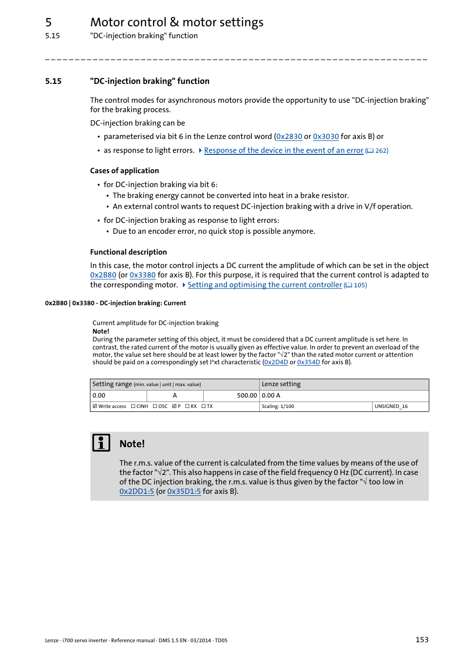 15 "dc-injection braking" function, 0x2b80 | 0x3380 - dc-injection braking: current, 0x2b80 | 0x3380, Dc-injection braking" function, 5motor control & motor settings | Lenze i700 User Manual | Page 153 / 338