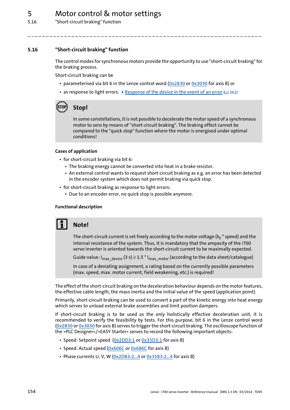 16 "short-circuit braking" function, Short-circuit braking" function, 5motor control & motor settings | Stop | Lenze i700 User Manual | Page 154 / 338