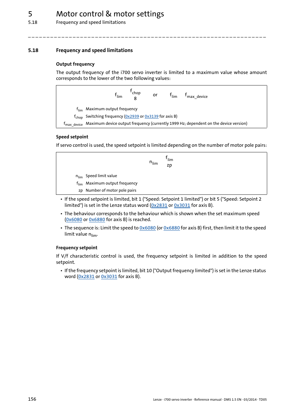 18 frequency and speed limitations, 5motor control & motor settings | Lenze i700 User Manual | Page 156 / 338