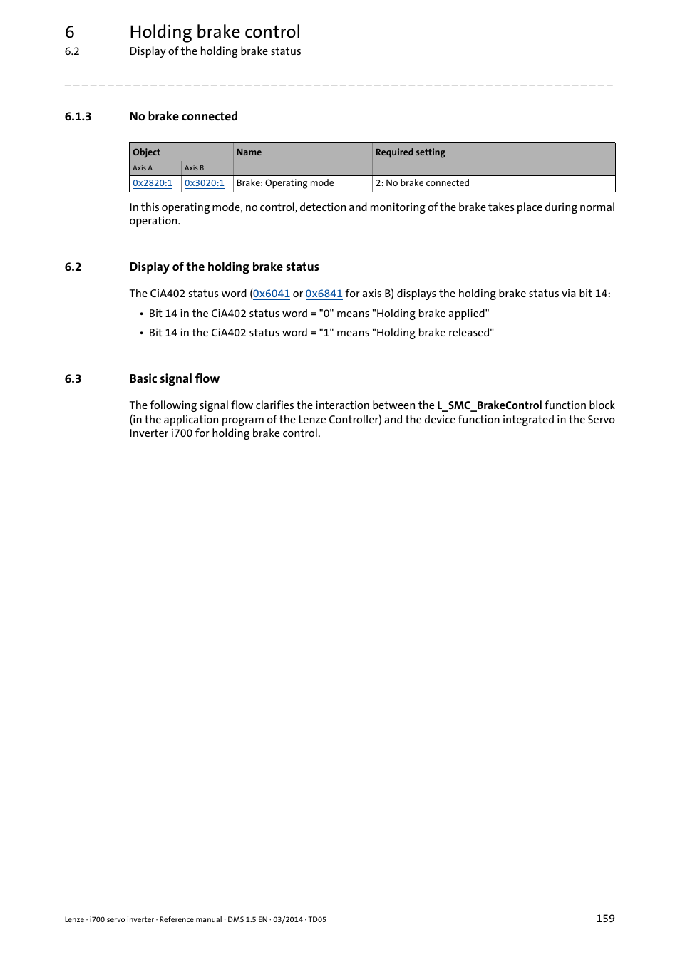 3 no brake connected, 2 display of the holding brake status, 3 basic signal flow | No brake connected, Display of the holding brake status, Basic signal flow, 6holding brake control | Lenze i700 User Manual | Page 159 / 338