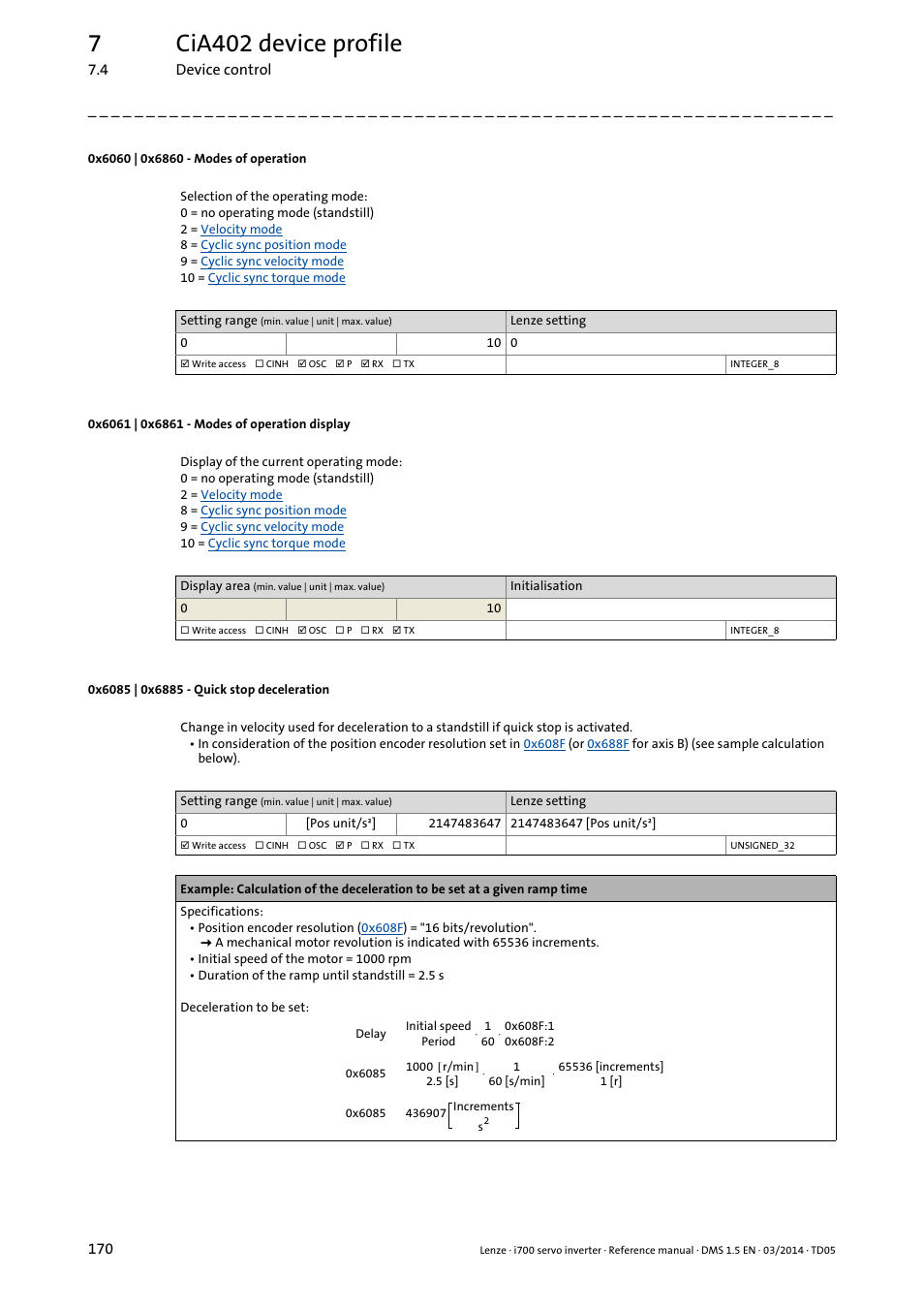 0x6060 | 0x6860 - modes of operation, 0x6061 | 0x6861 - modes of operation display, 0x6085 | 0x6885 - quick stop deceleration | 0x6060, 0x6860, 0x6061, 0x6861, 0x6085, 0x6885, 7cia402 device profile | Lenze i700 User Manual | Page 170 / 338