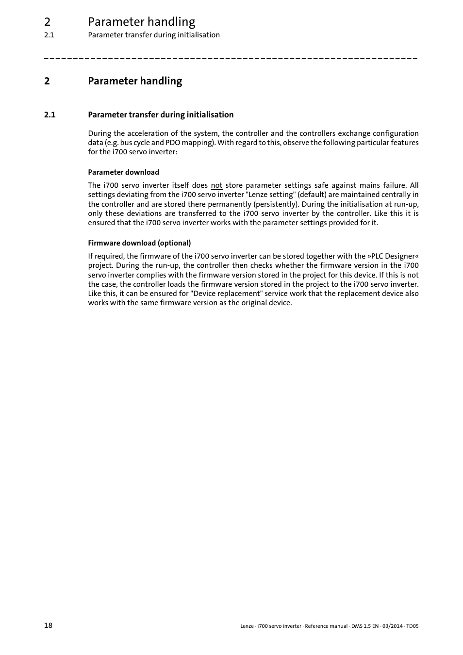 2 parameter handling, 1 parameter transfer during initialisation, Parameter handling | Parameter transfer during initialisation, 2parameter handling | Lenze i700 User Manual | Page 18 / 338