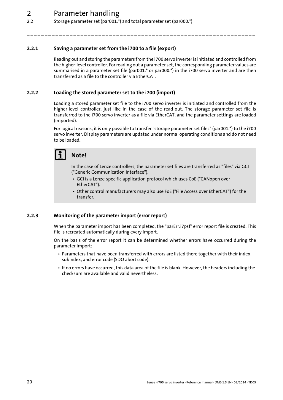 Monitoring of the parameter import (error report), 2parameter handling | Lenze i700 User Manual | Page 20 / 338