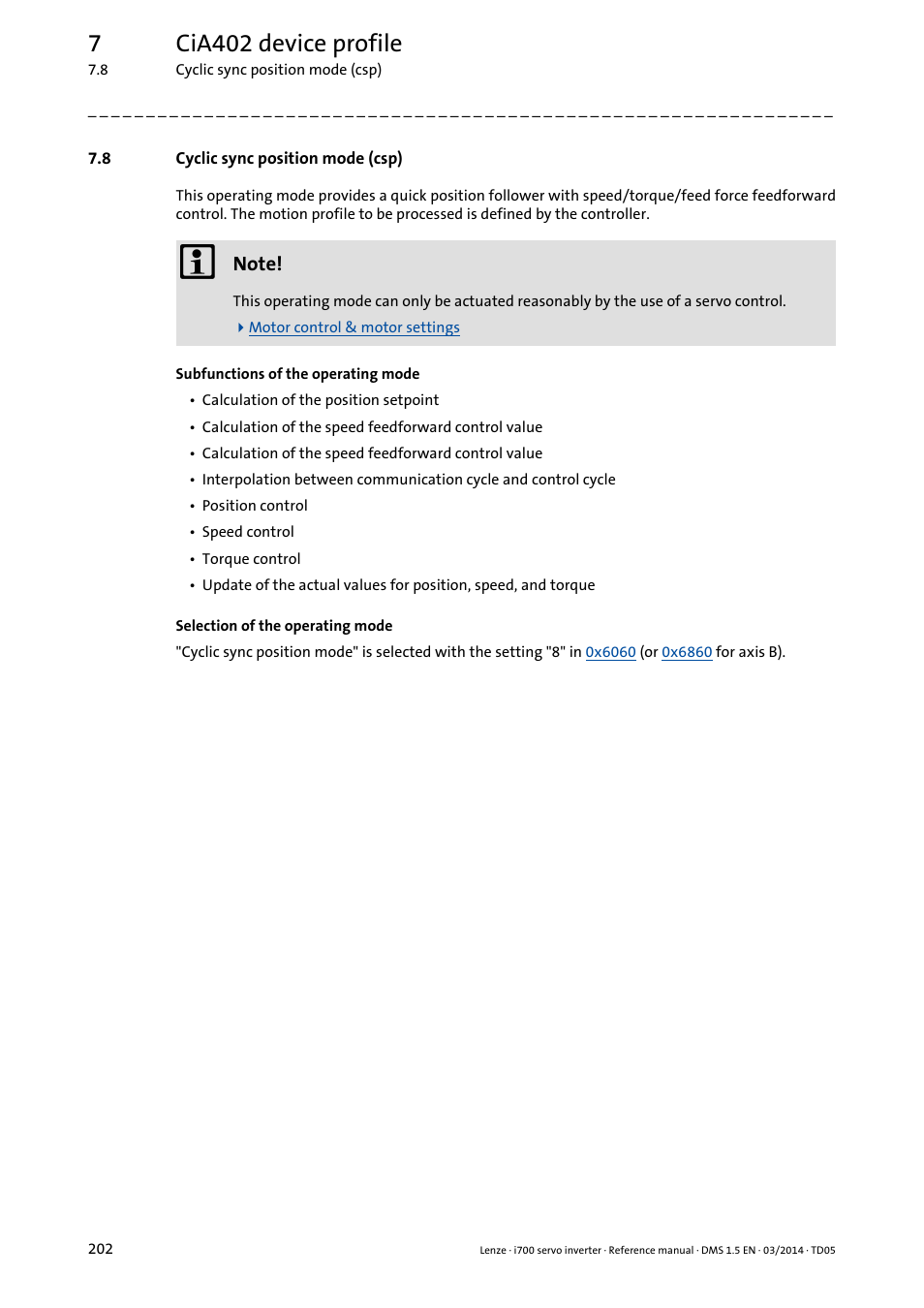 8 cyclic sync position mode (csp), Cyclic sync position mode (csp), Cyclic sync position mode | 7cia402 device profile | Lenze i700 User Manual | Page 202 / 338