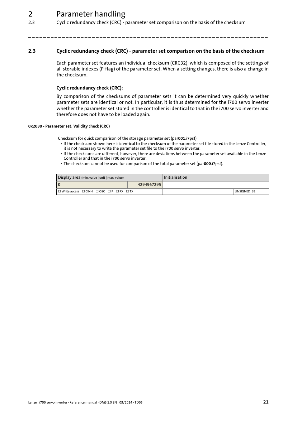 0x2030 - parameter set: validity check (crc), 2parameter handling | Lenze i700 User Manual | Page 21 / 338