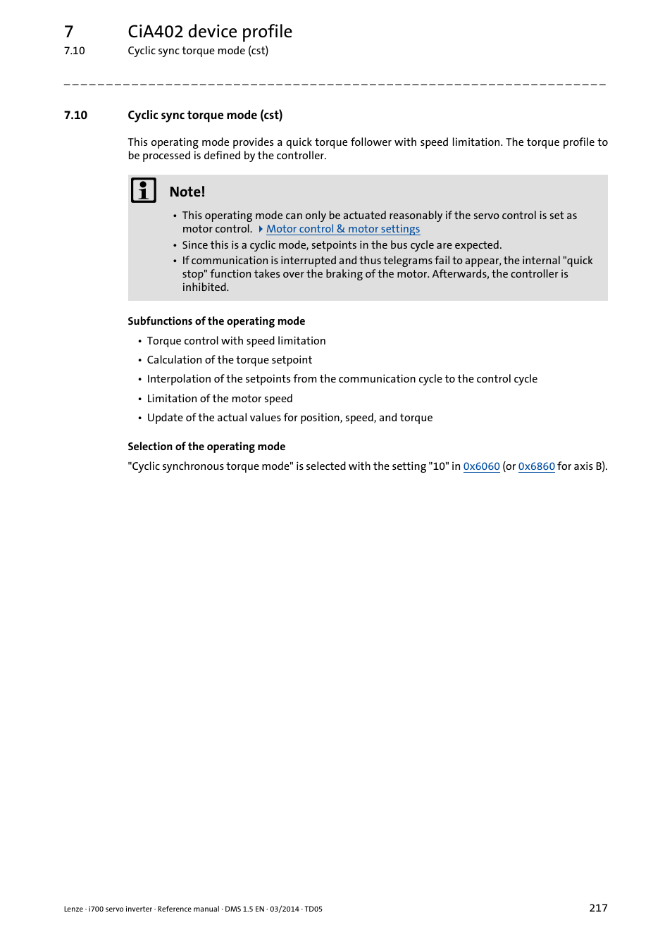 10 cyclic sync torque mode (cst), Cyclic sync torque mode (cst), Cyclic sync torque mode | 7cia402 device profile | Lenze i700 User Manual | Page 217 / 338