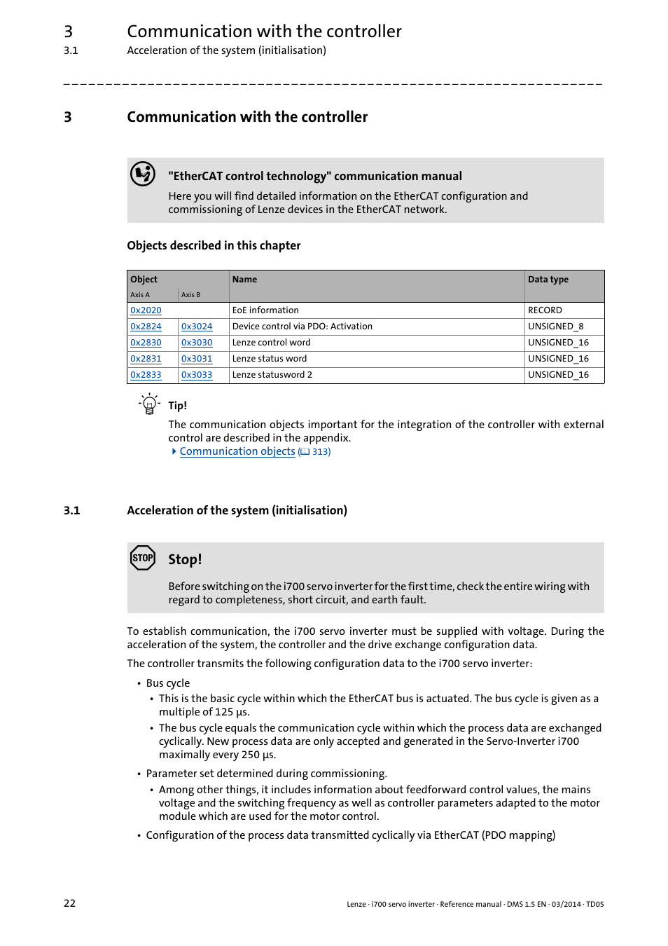 3 communication with the controller, 1 acceleration of the system (initialisation), Communication with the controller | Acceleration of the system (initialisation), 3communication with the controller, Stop | Lenze i700 User Manual | Page 22 / 338