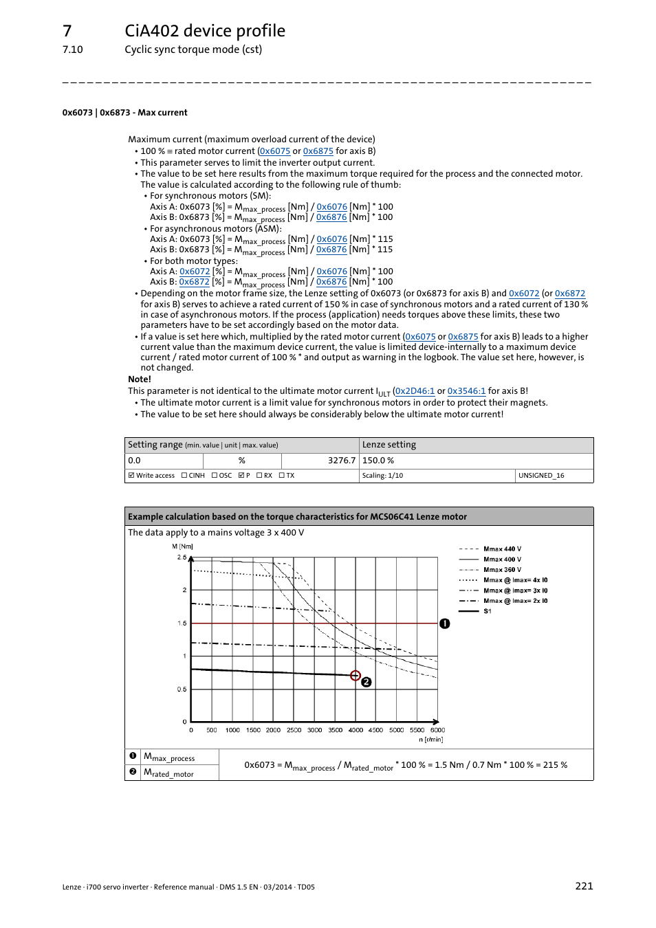 0x6073 | 0x6873 - max current, 0x6073, 0x6873 | Object, 7cia402 device profile | Lenze i700 User Manual | Page 221 / 338