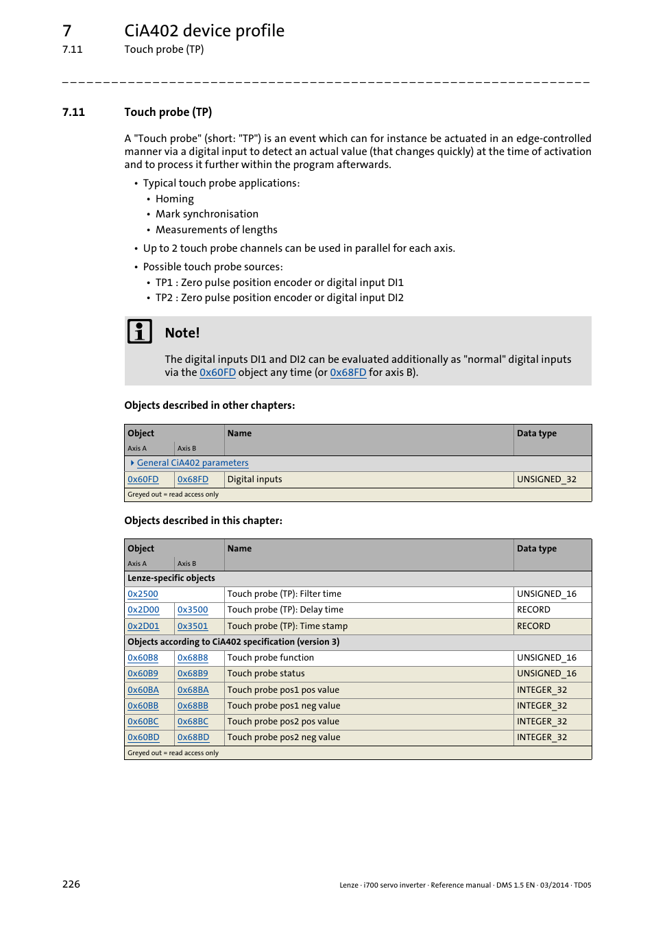 11 touch probe (tp), Touch probe (tp), 7cia402 device profile | Lenze i700 User Manual | Page 226 / 338