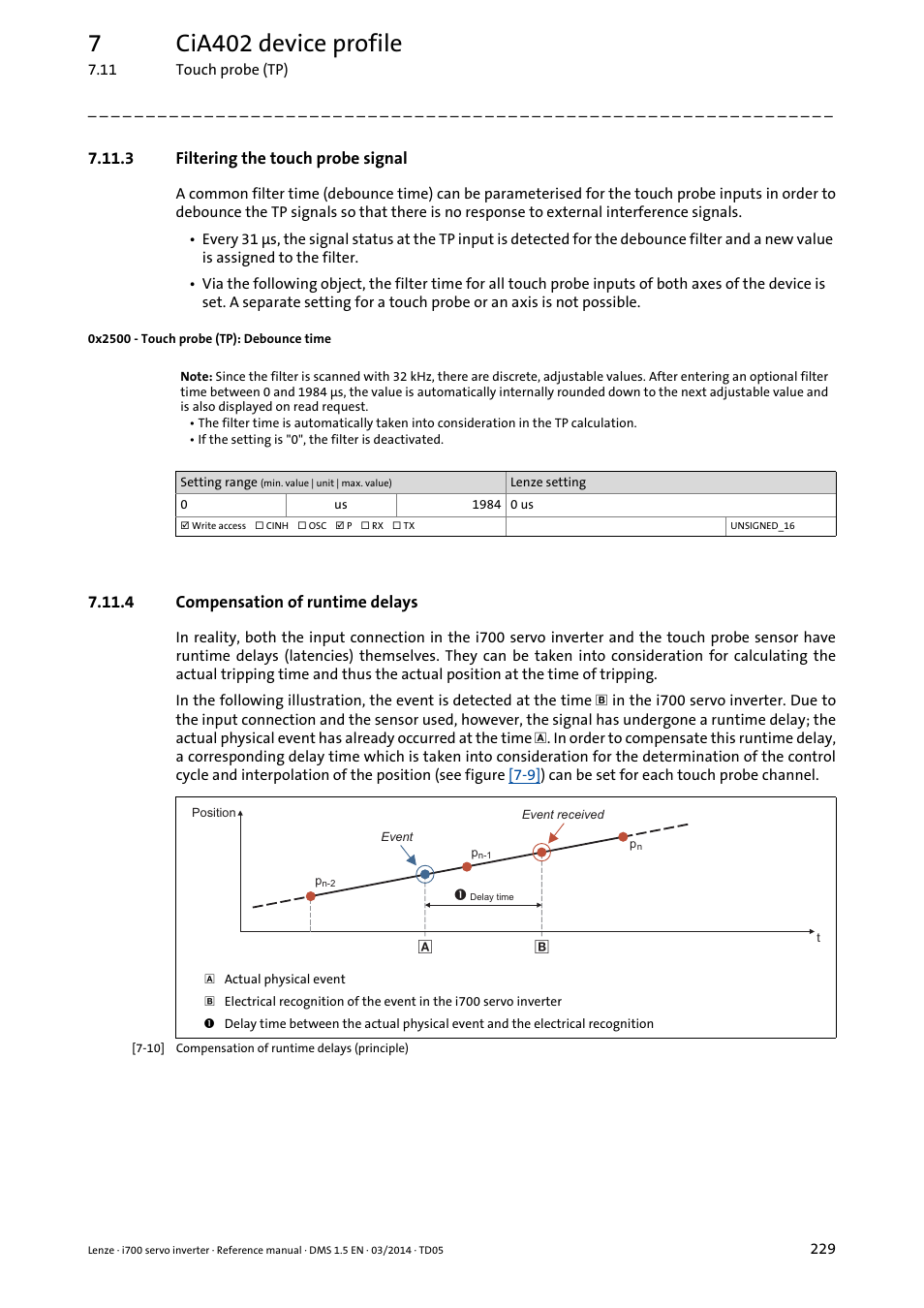 3 filtering the touch probe signal, 0x2500 - touch probe (tp): debounce time, 4 compensation of runtime delays | Filtering the touch probe signal, Compensation of runtime delays, 0x2500, 7cia402 device profile | Lenze i700 User Manual | Page 229 / 338