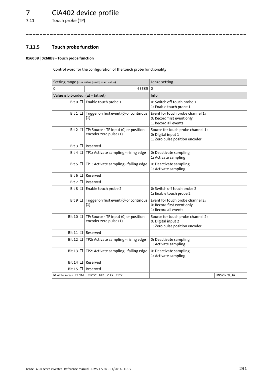 5 touch probe function, 0x60b8 | 0x68b8 - touch probe function, Touch probe function | 0x60b8, 0x68b8, 7cia402 device profile | Lenze i700 User Manual | Page 231 / 338