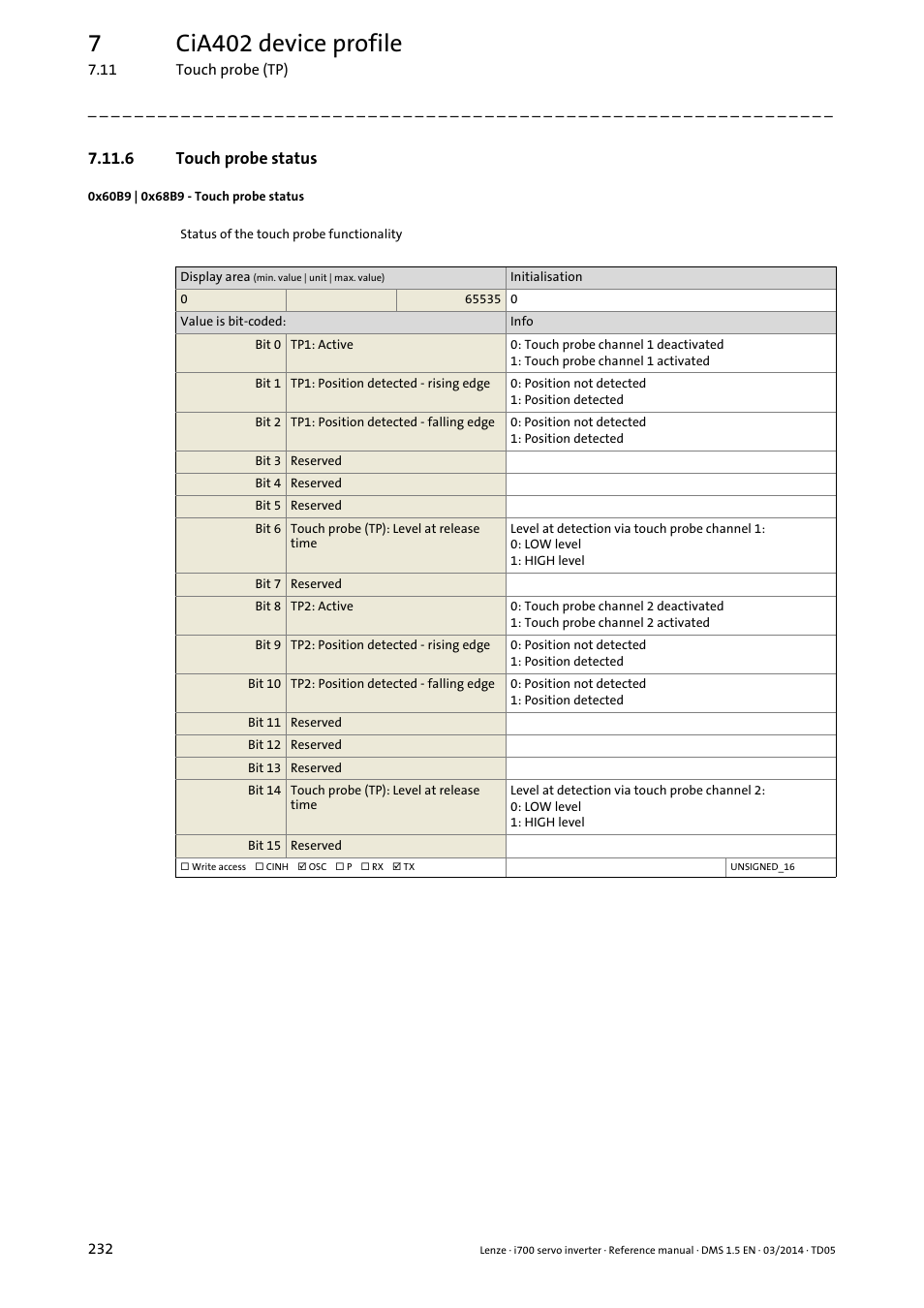 6 touch probe status, 0x60b9 | 0x68b9 - touch probe status, Touch probe status | 0x60b9, 0x68b9, 7cia402 device profile | Lenze i700 User Manual | Page 232 / 338