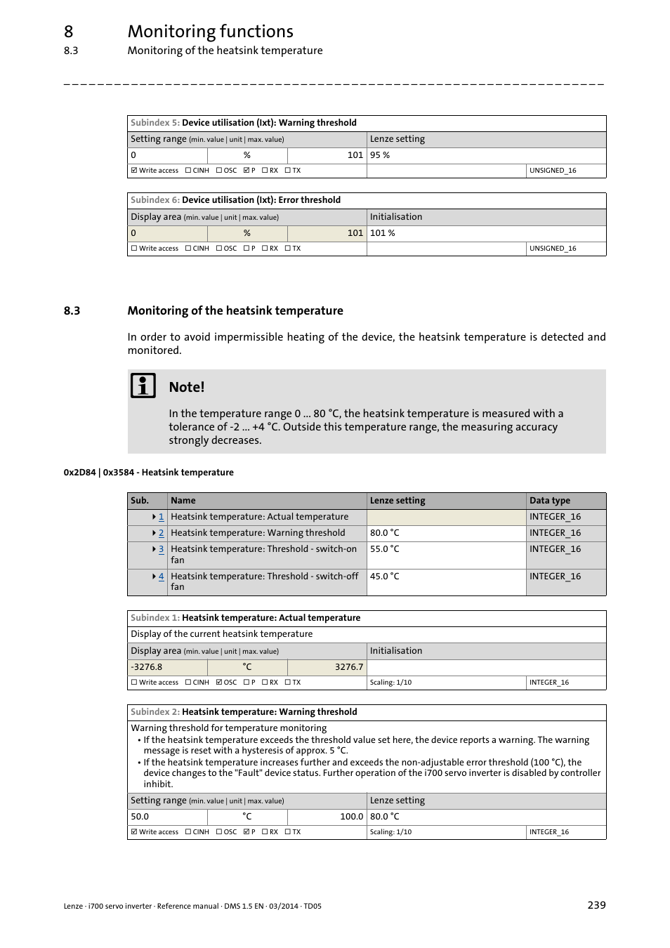 3 monitoring of the heatsink temperature, 0x2d84 | 0x3584 - heatsink temperature, Monitoring of the heatsink temperature | 0x2d84, 0x3584, 8monitoring functions | Lenze i700 User Manual | Page 239 / 338