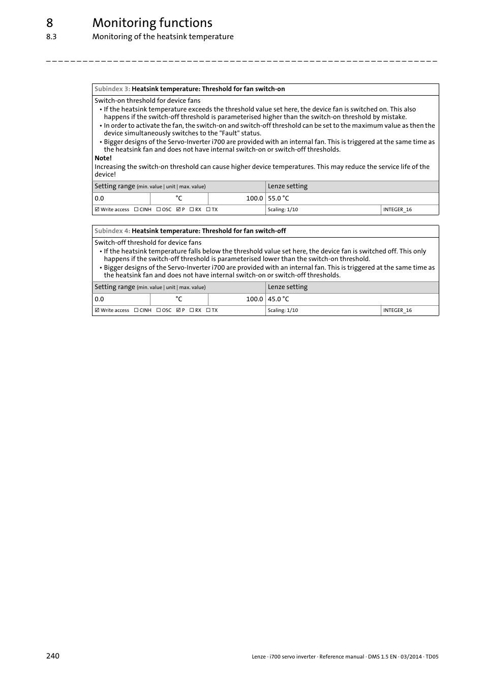 8monitoring functions | Lenze i700 User Manual | Page 240 / 338