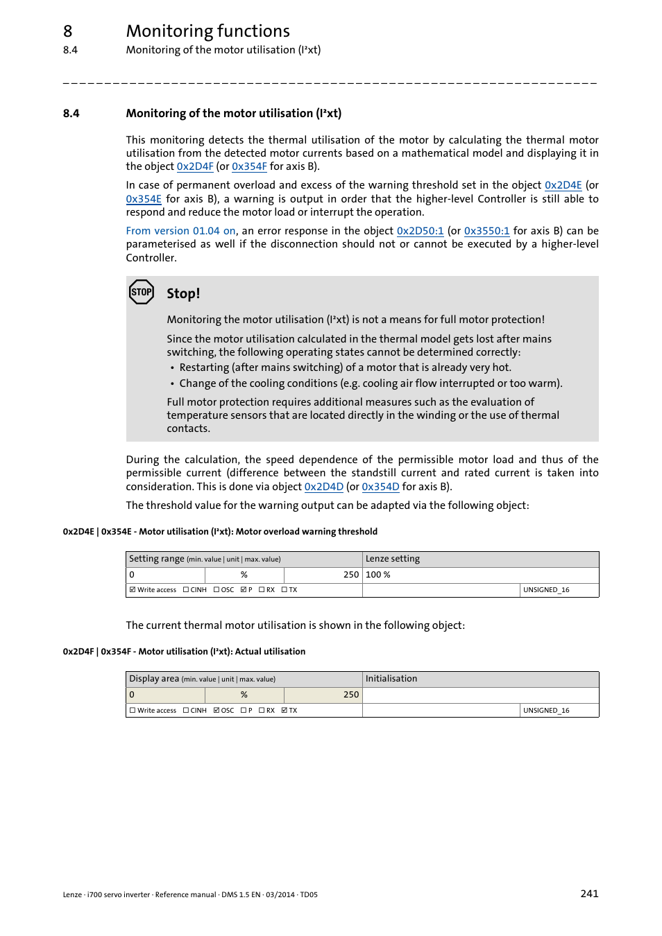 4 monitoring of the motor utilisation (i·xt), Monitoring of the motor utilisation (i²xt), 0x2d4e | 0x354e, 0x2d4f, 0x354f, 8monitoring functions, Stop | Lenze i700 User Manual | Page 241 / 338