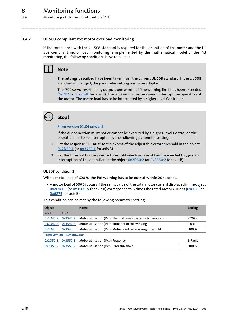 2 ul 508-compliant i·xt motor overload monitoring, Ul 508-compliant i²xt motor overload monitoring, 8monitoring functions | Stop | Lenze i700 User Manual | Page 248 / 338