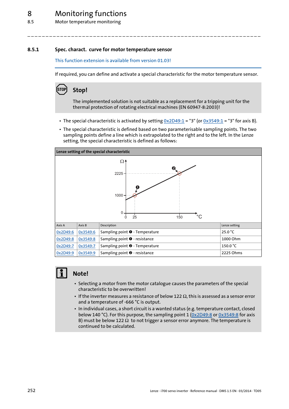 Spec. charact. curve for motor temperature sensor, 8monitoring functions, Stop | Lenze i700 User Manual | Page 252 / 338