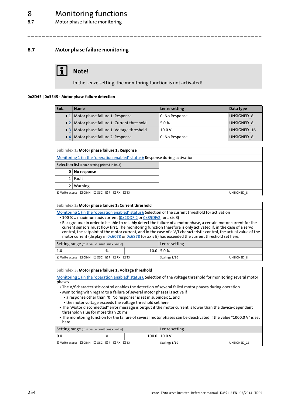 7 motor phase failure monitoring, 0x2d45 | 0x3545 - motor phase failure detection, Motor phase failure monitoring | 0x2d45, 0x3545, 8monitoring functions | Lenze i700 User Manual | Page 254 / 338